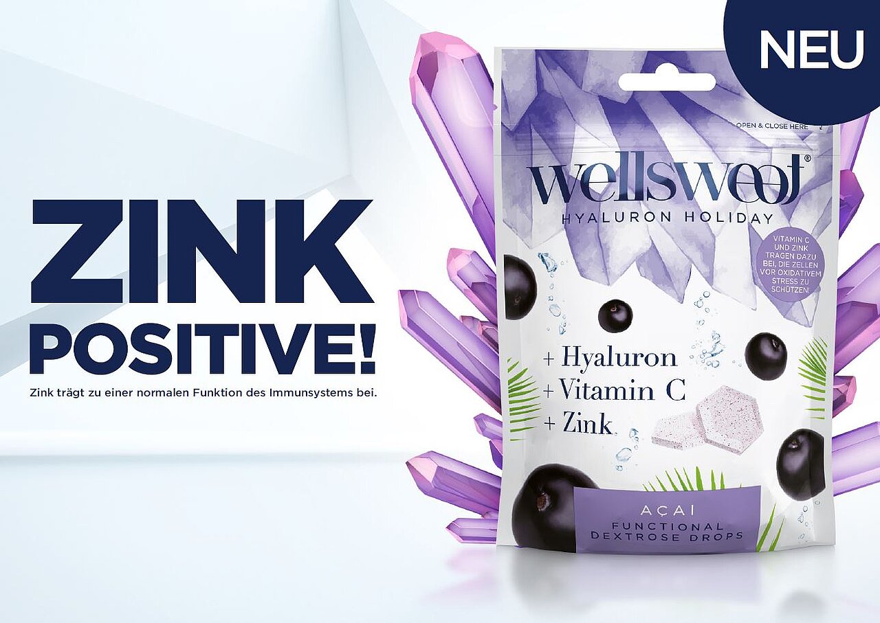 Plakatmotiv von WellSweet mit einem Produkt für funktionelle Drops aus Acai mit Hyaluron, Vitamin C und Zink sowie der Aufschrift „ZINK POSITIVE!“.