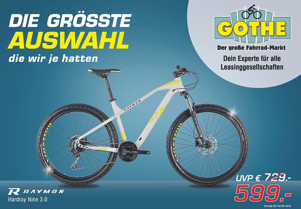 Plakatmotiv des Fahrradmarkts Gothe mit großem Mountainbike Raymon Hardray Nine 3.0. Sonderangebot: Reduzierter Preis von 599 Euro.