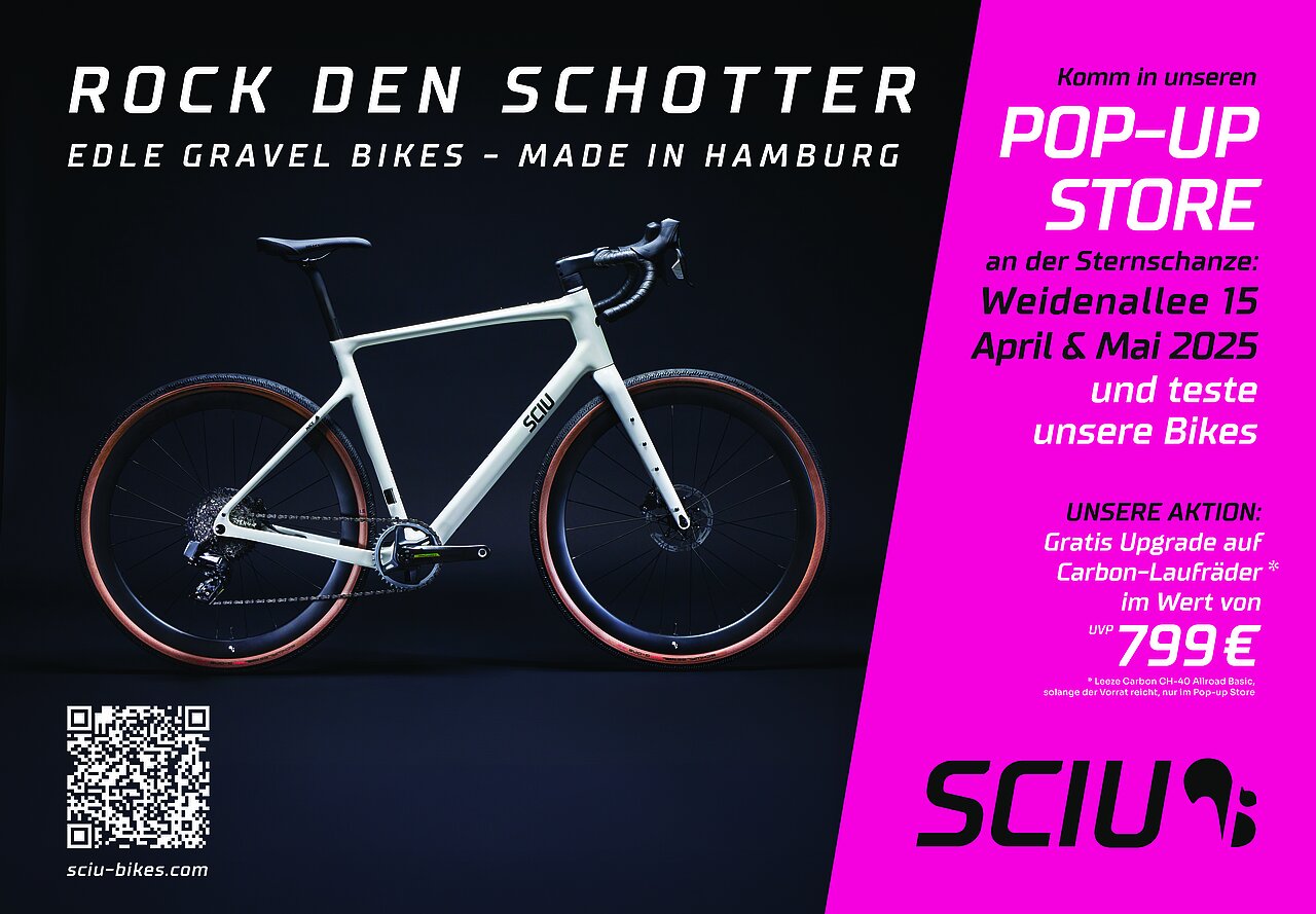 Plakatmotiv von SCIU Bikes mit hochwertigem Gravel Bike. Hinweis auf Pop-up Store in Hamburg und Gratis-Upgrade auf Carbon-Laufräder im Wert von 799 Euro.