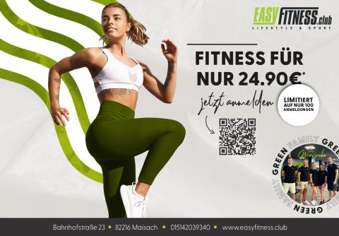Plakatmotiv von EASYFITNESS Maisach mit einer sportlichen Frau in Fitnesspose. Der Text wirbt mit dem Monatsbeitrag „Fitness für nur 24,90 €“ und betont den Community-Gedanken mit der „Green Family“.
