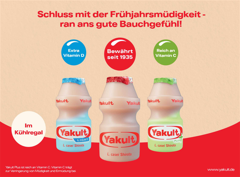 Plakatmotiv von Yakult mit den Varianten Light, Classic und Plus und dem Slogan „Schluss mit der Frühjahrsmüdigkeit – ran ans gute Bauchgefühl“.