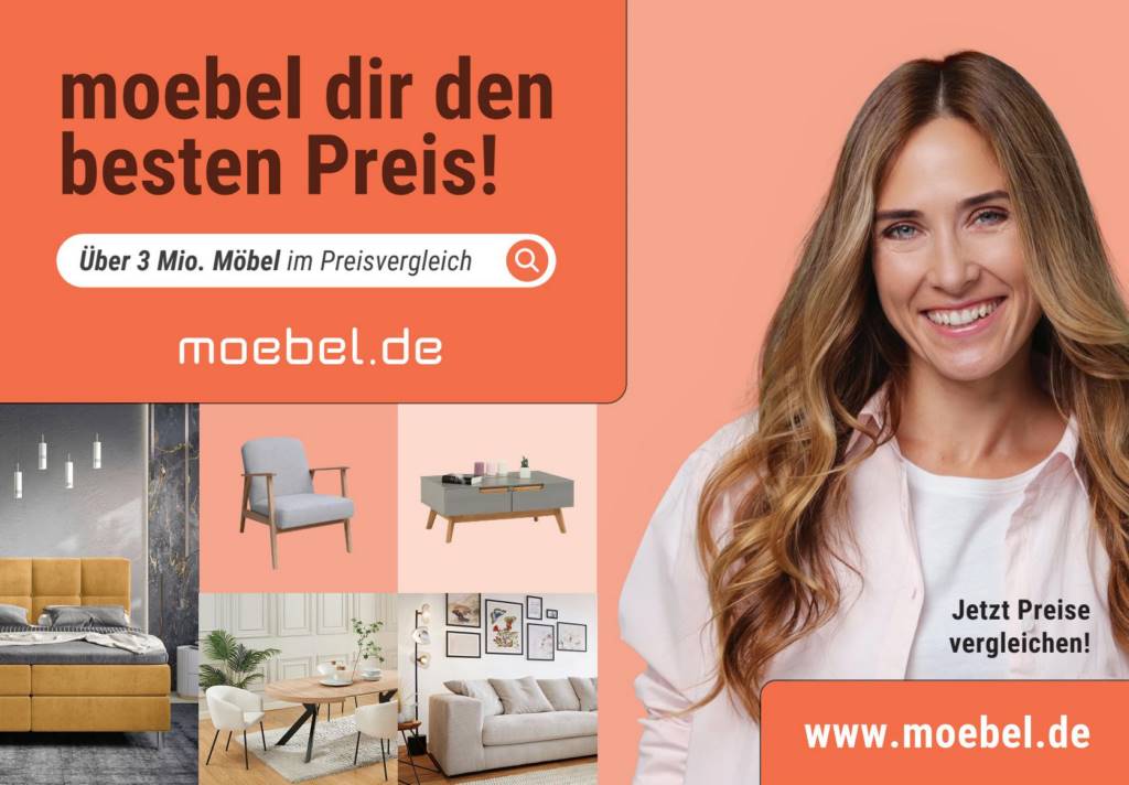 Werbeplakat von moebel.de: Eine Frau lächelt, daneben steht „moebel dir den besten Preis!“. Gezeigt werden verschiedene Möbelstücke und ein Hinweis auf über 3 Millionen Produkte im Preisvergleich.
