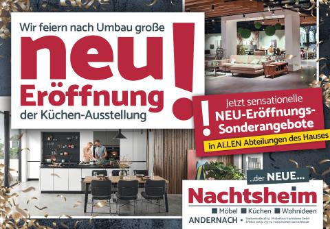 Plakat zur Neueröffnung bei Möbelhaus Nachtsheim: Gezeigt werden moderne Küchenräume, dazu der Text „NEU! Eröffnung der Küchen-Ausstellung“ und Hinweise auf Sonderangebote.