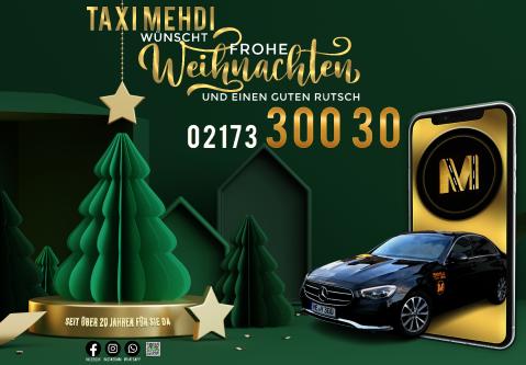 Weihnachtsplakat von Taxi Mehdi mit Festtagsgrüßen, Telefonnummer und stilisierter App-Darstellung.