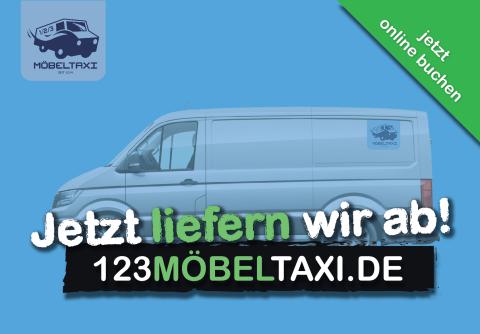 Plakatmotiv mit Lieferwagen und dem Slogan „Jetzt liefern wir ab!“ für 123möbeltaxi.de – Werbung für Möbeltransporte.