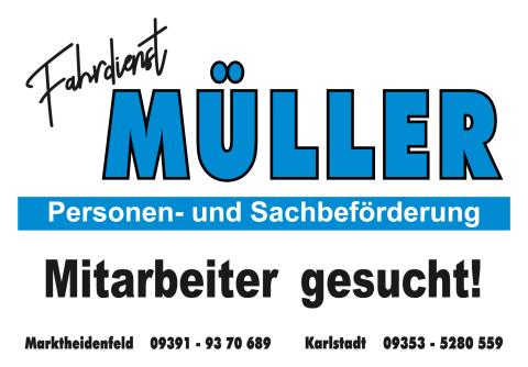 Plakatmotiv des Fahrdienstes Müller mit Jobanzeige und Informationen zur Personen- und Sachbeförderung.