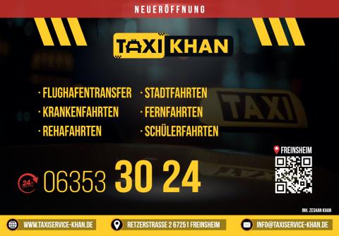 Plakatmotiv für Taxi Khan mit Fahrtangeboten und prominent platzierter Telefonnummer.