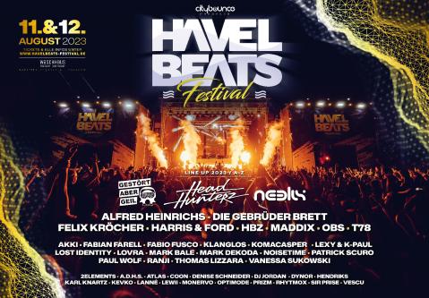 Plakatmotiv für das Havel Beats Festival am 11. und 12. August 2023 mit zahlreichen bekannten DJs und Lichtshow. Line-Up mit Neelix, Harris & Ford, u. v. m.