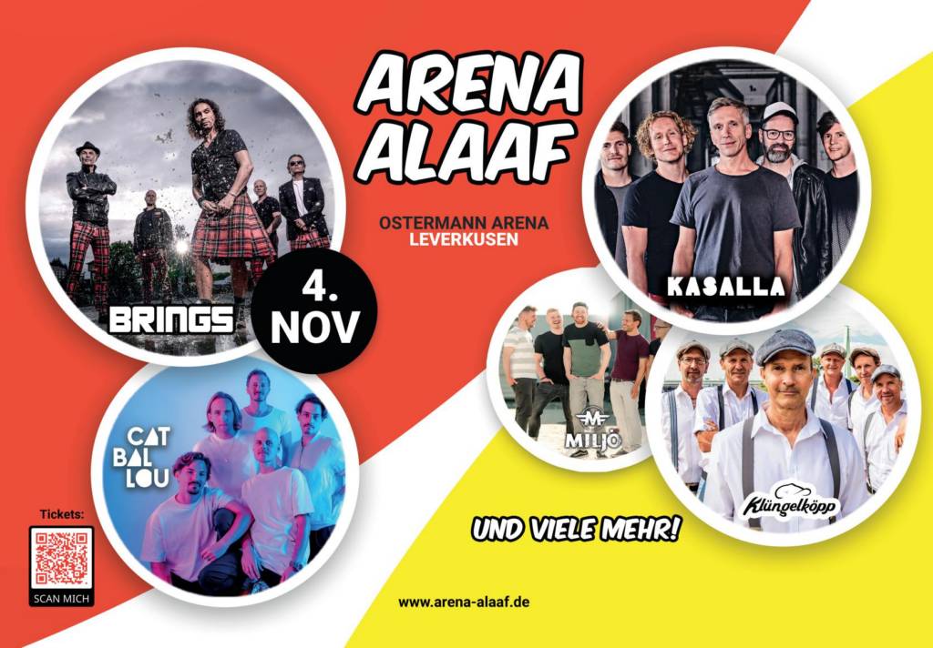 Plakatmotiv zur Karnevalsveranstaltung Arena Alaaf am 4. November in Leverkusen. Mit Bands wie Brings, Kasalla, Cat Ballou, Miljö und Klüngelköpp.