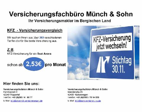 Plakatmotiv des Versicherungsfachbüros Münch & Sohn mit Vergleichsangebot für Kfz-Versicherung. Großes Schildmotiv mit Stichtag 30.11. und Preisangabe ab 2,53 € pro Monat.