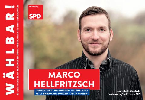 Plakatmotiv der SPD mit Marco Hellfritzsch. Text: „Gemeinderat Naumburg – Listenplatz 8“.